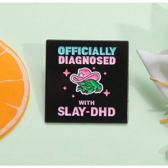 SHEIN 1pc Officially Diagnosed With Slay-DHD Enamel Pins Pink Cowboy Hat Frog Brooch Backpack Lapel Badge Funny Jewelry Gift