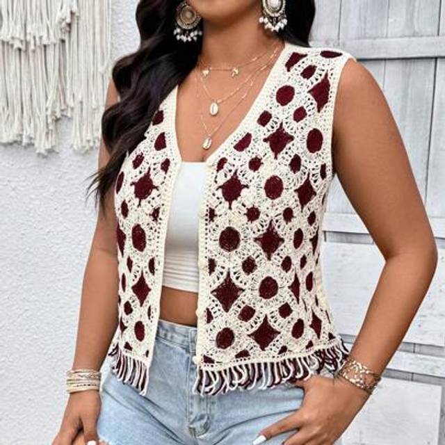 SHEIN Plus Size Women Embroidered Fringe Hem Casual Blouse Going Out Tops Crochet Top Tassels Western Clothes For Women Vacation