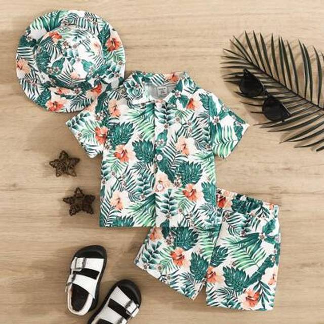 SHEIN Baby Boy Tropical Plant Print Short Sleeve Shirt And Shorts Set With Printed Hat, Cute Casual Summer Outfit
