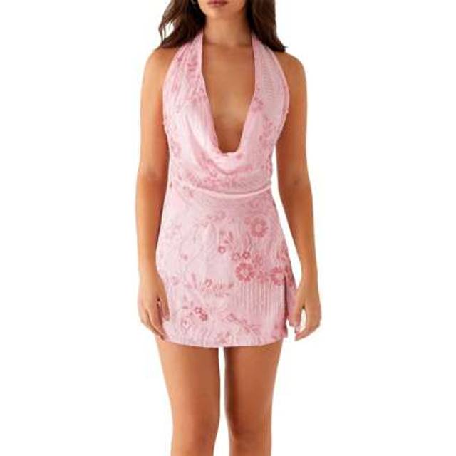 SHEIN Women Sequin Halter Neck Floral Bodycon Mini Dress Sheer Mesh Cowl Neck Plunge V-Neck Sleeveless Tie Up Beaded Side Split Short Dress Backless Holiday