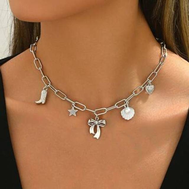 SHEIN 1pc Butterfly, Shell, Knighthood Charm Silver Necklace With Multi-Pendants, Fashionable Alloy Collarbone Chain For Women, Suitable For Daily Wear And