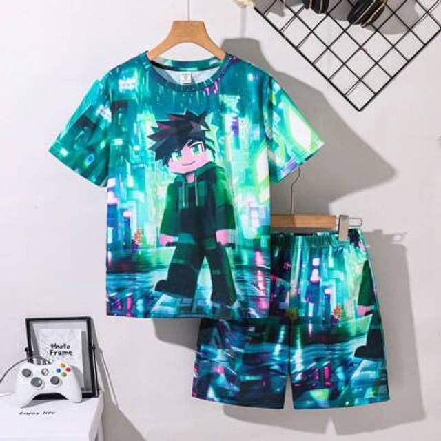 SHEIN 2pcs Tween Boys Street Casual Fun 3D Graphic Crew Neck T-Shirt And Elastic Waist Shorts Set, Suitable For Outdoor Play, School, Streetwear, Party And