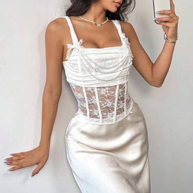 SHEIN French Retro Vintage Palace Romantic Lace Design Pearl Pendant Semi-Transparent Lace Velvet High-End Elegant Sexy Corset Bustier Top