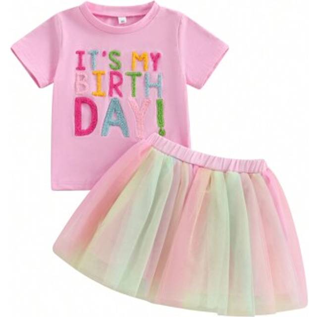 SHEIN Toddler Girls Letter Embroidery Top  Tutu Skirt Set - Cute Birthday 2-Piece Outfit For Kids Special Occasions