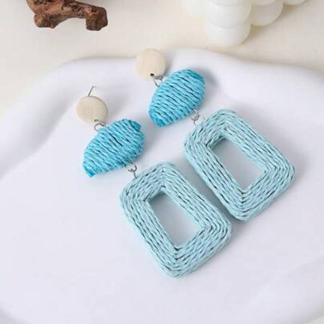 SHEIN 1 Pair Of Original Handmade Tropical Harajuku Style Woven Paper Rope Color Clash Multi Geometric Splice Island Vacation Party Blue Earrings, Suitable