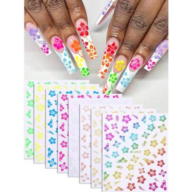 SHEIN Hibiscus Flower Summer Nail Stickers Mixed Tropical Cherry Blossom Floral Petals Design Gold Pink White Iridescent Nail Decal Nail Art Sliders DIY Nai