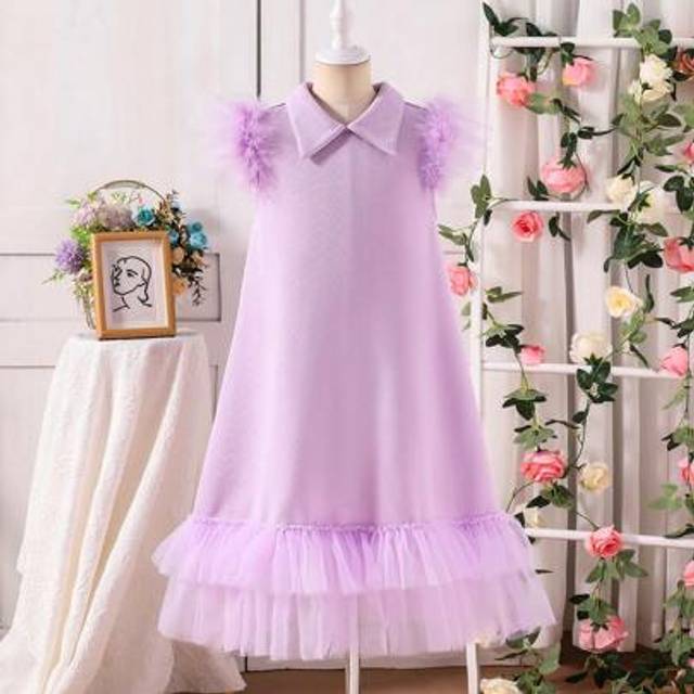 SHEIN Tween Girls Mesh Patchwork Collared Elegant Purple Dress Classy Girl Dresses For Girls Party Dress For Girls Young Girls Partywear Party Dresses For K