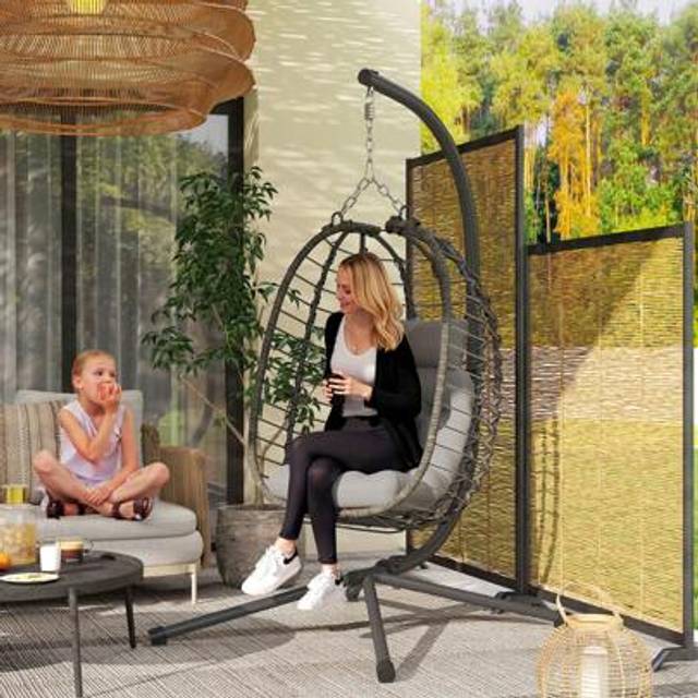 SHEIN Outsunny Rattan Hanging Egg Chair, Foldable Wicker Hammock Swing Chair With Cushion, Stand, Adjustable Height, Head Pillow, Steel Frame For Garden Pat