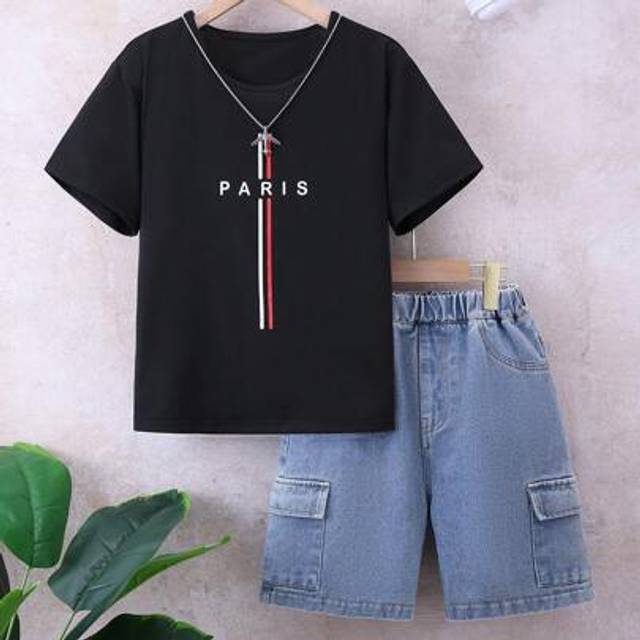 SHEIN 2 Pcs/Set Tween Boys Casual Letter Print Round Neck T-Shirt And Denim Cargo Shorts Set, Summer
