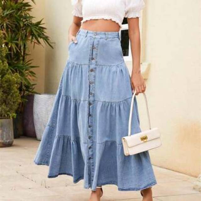 SHEIN Womens Long Denim Skirts Casual High Waist Tiered Jean Skirts Spring Summer Fashion Midi Skirts Daily Streetwear