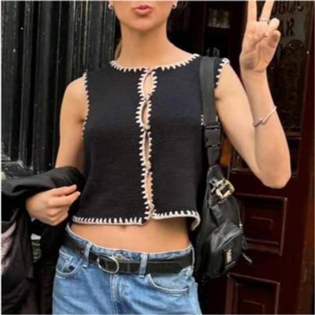 SHEIN Women&#39;s Spring/Summer Women Lightweight Cardigans Tops Casual Color Contrast Bordered Sleeveless Cardigan Knitted Vest,Y2K,Daily, Commuting, Shopping,