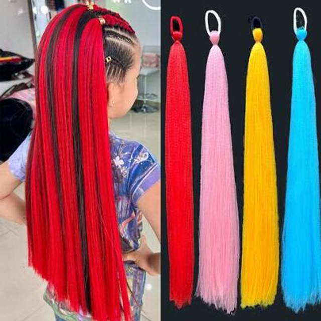 SHEIN 1 PC Synthetic Ponytail Extension With Elastic Tie Hair Band Long Straight Colored Braiding Ponytail For Kids