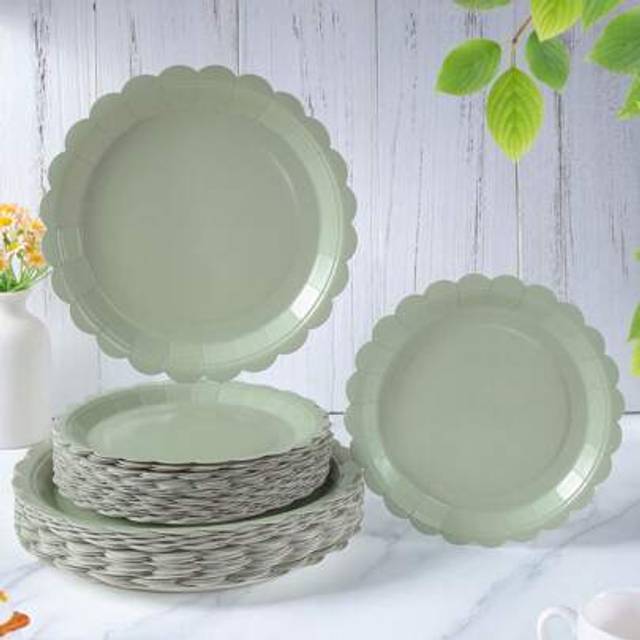 SHEIN 7/9 Inch Sage Green Floral Print Disposable Paper Plates, Sage Green Petal Disposable Party Plates, Party Decor, Disposable Party, Birthday Party, Gif