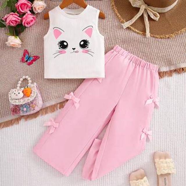 SHEIN 2pcs Girls Toddler Summer Knit Cat Print Camisole Top And Wide Leg Pants Set