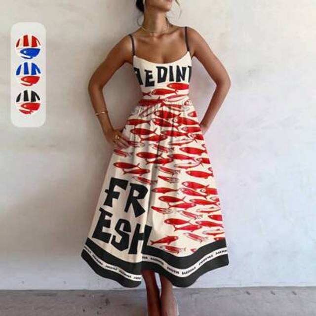 SHEIN Bohemian Women&#39;s Spring And Summer Fashion Casual Elegant Holiday/Vacation Style Contrast Color English Letters Latin Fish Printed Strappy Dress