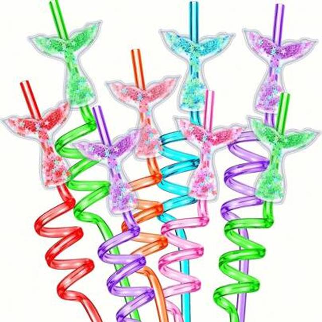 SHEIN 4pcs/6pcs Glitter Mermaid Quicksand Straws, Reusable Spiral Straws For Party Favors, Wedding, Birthday, Bar, Beach, Kitchen Utensils, Graduation Gifts