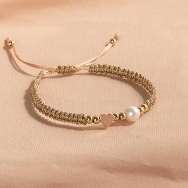 SHEIN 1pc 14K Gold Plated Natural Pearl Adjustable Braided Heart-Shaped Casual Bracelet For Women And Men, Suitable For Daily Wear