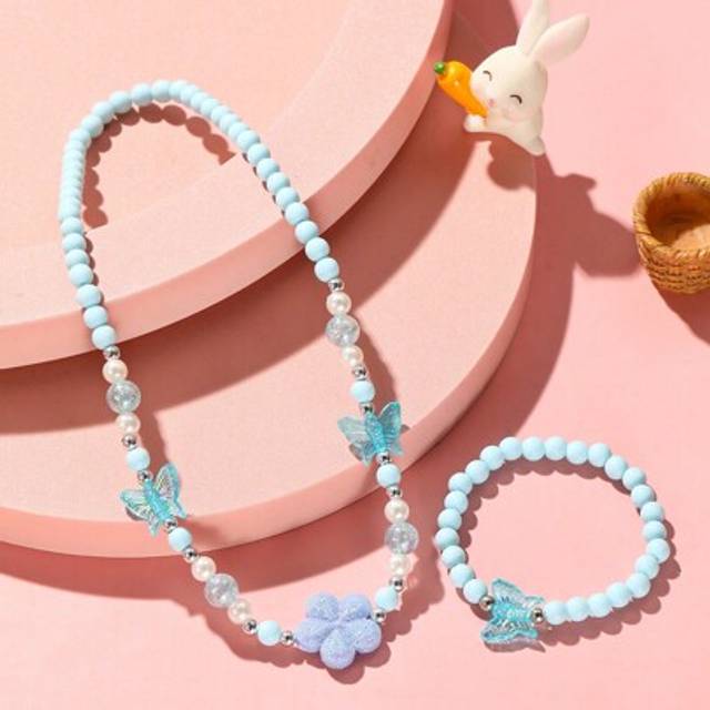 SHEIN 2pcs/Set Girls Fashion Flower & Butterfly Pendant Necklace & Bracelet Set, Suitable For Daily, Party, And Children&#39;s Gift