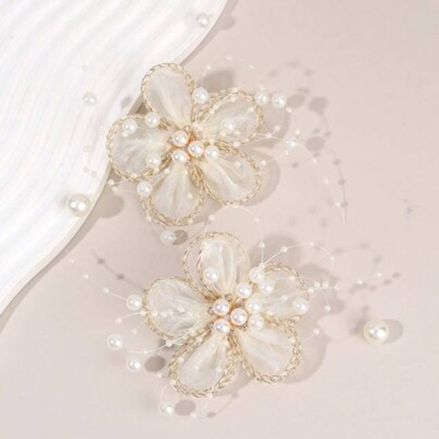 SHEIN 2pcs Pearl Decor Flower Hair Clips For Girls Elegant Mesh Flower Hairpin Versatile Barrettes Daily Hair Accessories