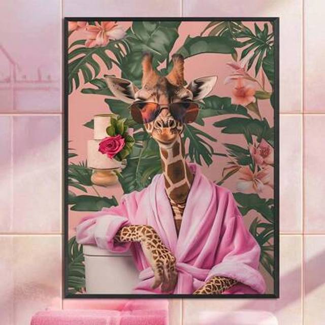 SHEIN 1pc Fashionable Giraffe Art Printed Canvas Poster, Charming Animal Mural Wearing Pink Bathrobe, Unframed Decorative Art Classic Canvas Ink Printing, P