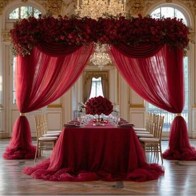 SHEIN 1 Piece Of Classic And Atmospheric 26.2 Feet Wine Red Wedding Arch Curtain, Classic Polyester Drape Tulle Curtain Chiffon Fabric, Perfect For Valentin