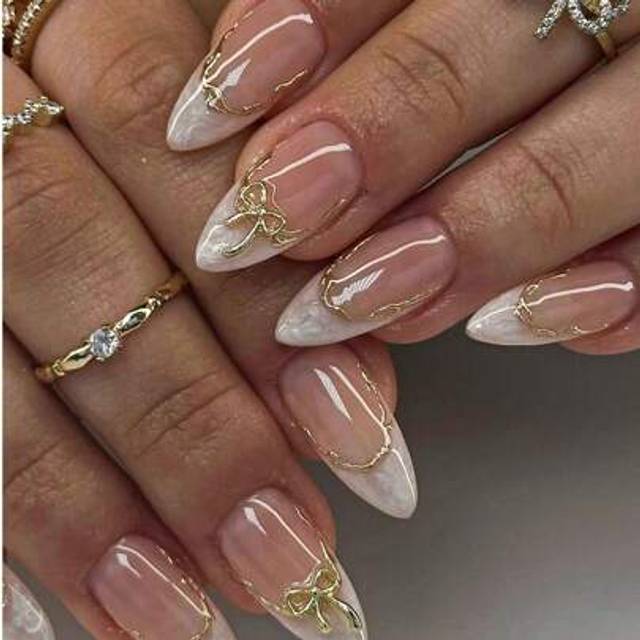 SHEIN 10pcs Hand-Made Vine Gold Edge Silver/White Spiral Coloring Cute Luxury Bow Spring Fresh Style Nail Stickers Press On Nails