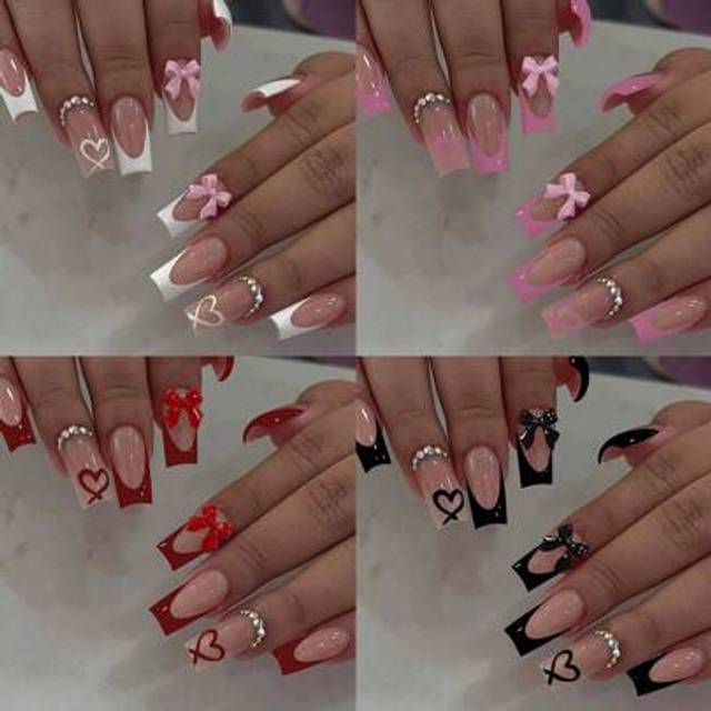 SHEIN 96Pcs(4Mixed )Long Square Heart Nails With Glitter Design French Tip Press On Nails Medium Fit Perfectly Acrylic False Nails Set,Contain 1Pc Jelly Glu