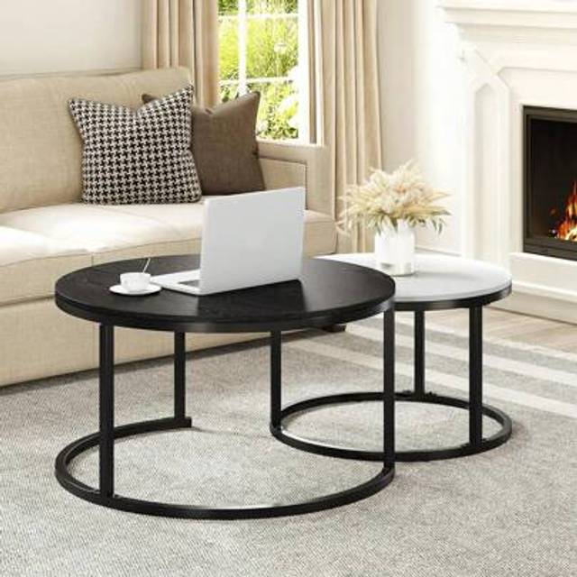 SHEIN Modern Nesting Coffee Table Set Of 2 For Living Room, Black Round Wood Coffee Tables Stacking Accent Cocktail Tables End Side Table With Sturdy Metal