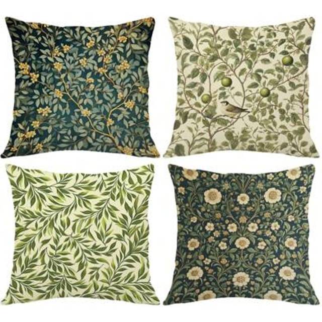 SHEIN 4pcs Set Vintage Green Botanical William Morris Leaf & Flower Pattern Pillow Covers [Without Insert], 17.7*17.7in(45*45cm), [Single Sided Printing], F