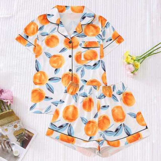 SHEIN 2pcs/Set Cute Persimmon Print Bow Decor Plus Size Women Pajama Set, Short Sleeve Shirt With Lapel & Button And Elastic Waist Shorts, Beautiful & Fashi