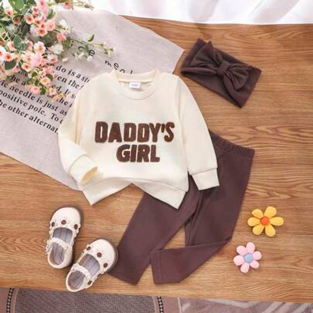 SHEIN 2pcs Baby Girl Casual Minimalist &#34;Daddy&#39;s Girl&#34; Letter Embroidery Sweatshirt And Leggings Set, Spring/Autumn