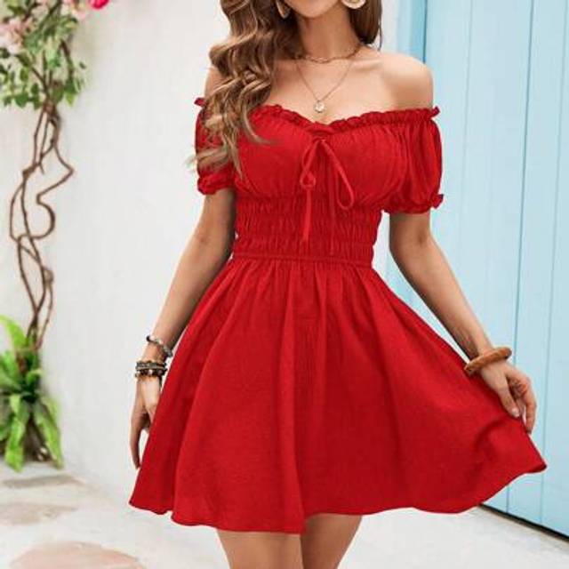 SHEIN Plus Size Women Off-Shoulder Ruched Solid Vacation Dress Sundresses For Vacation Tropical Vacation Woman Clothes Off Shoulder Dress Ruffle