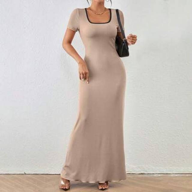 SHEIN Relaxiva Elegant,Adjustable Waist Tuck Women&#39;S Plain Color Square Neck Bodycon Dress Maxi Women Summer Boho/Bohemian/Festival Long Dress.