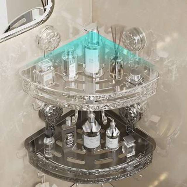 SHEIN 1pc Corner Shower Caddy With Suction Cups, Plastic Rippled Design Bathroom Vanity Storage Shelf, Wall Mounted No Drilling Detachable Easy Clean Tray,