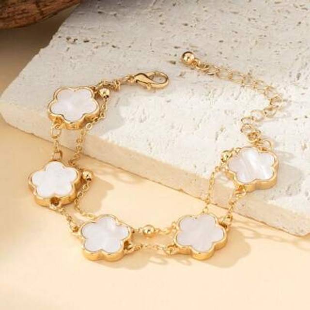 SHEIN 1pc Fashion New Sweet Clover Four-Leaf Lucky Charm Double-Layer Bracelet For Women, Party Gift (Beads Quantity On Bead Chain Is Random)