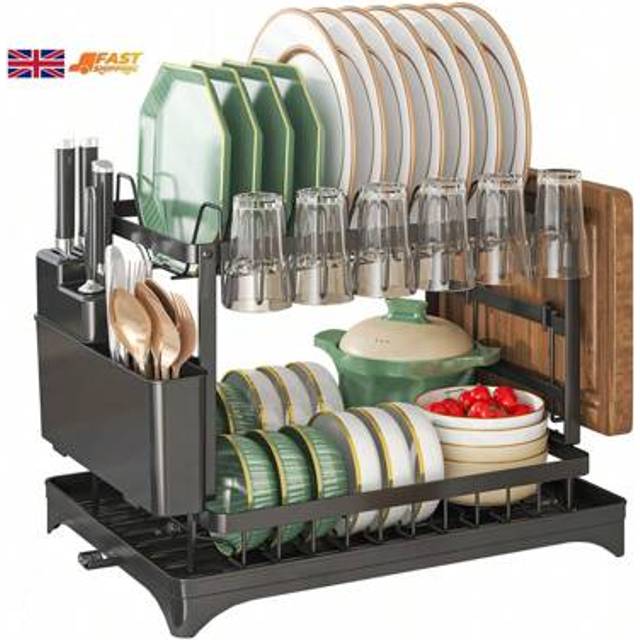SHEIN 2 Tier Sink Dish Drainer Rack With Drip Tray Plate Rack Cutlery Holder For Kitchen - Black