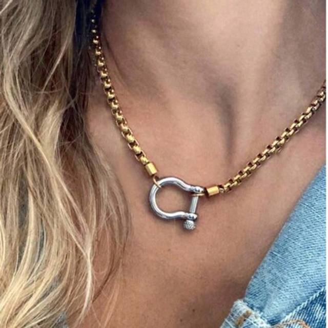 SHEIN Waterproof Jewelry 18K Gold Plate Stainless Steel Box Chain Choker Double Color Chunky Buckle Pendant Necklace For Women Jewelry