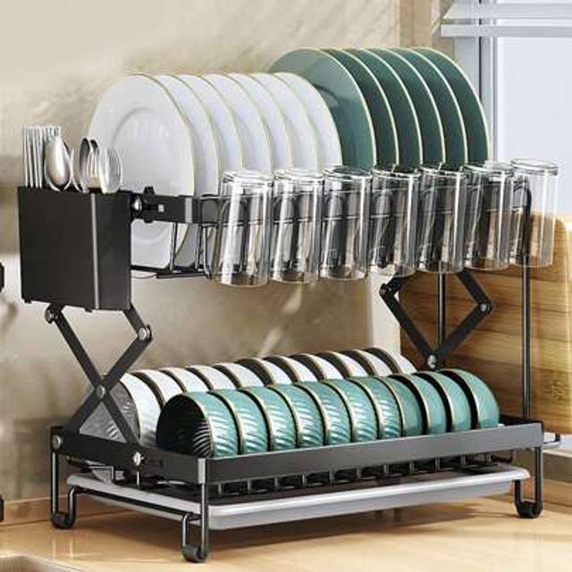 SHEIN Dish Drainer Rack, Foldable 2 Tier Sink Drainer Rackwith Drip Tray, Large Capacity Dish Drainer Organizer Shelf With Utensil Holder, Cup Rack For Kitc