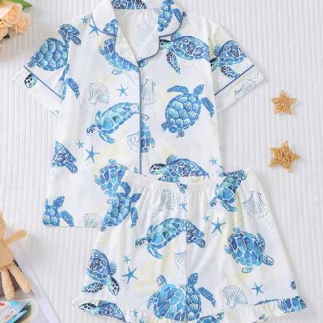 SHEIN 2pcs Kids Sleepwear Set, Summer New Short Sleeve Casual Cardigan Washable Blue Sea Turtle Printed Pajama Clothes For Boys Girls, Suitable For Older Ki
