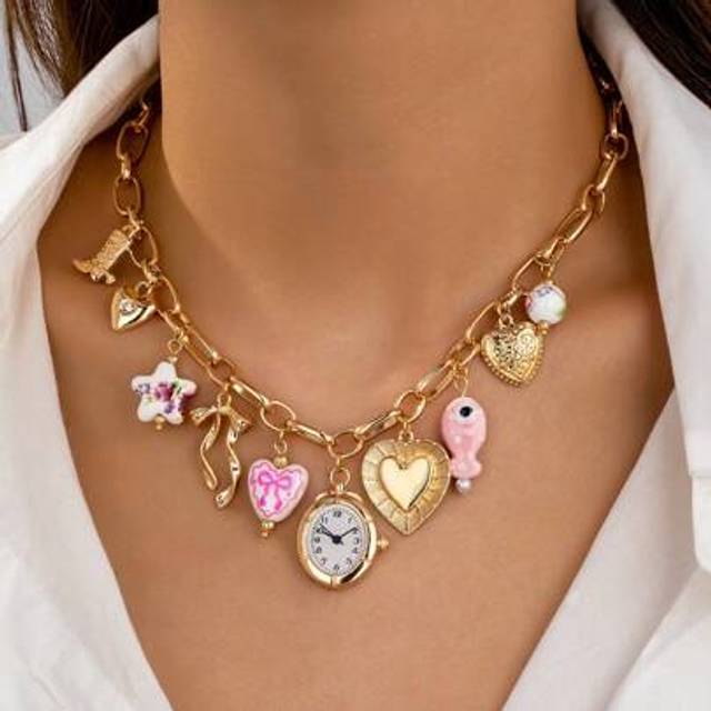 SHEIN 1pc Handmade Pink Ceramic/Porcelain Fish Heart Charm Necklace, Women Multi Charm Necklace Jewelry (Color And Shape Have Random Variations)