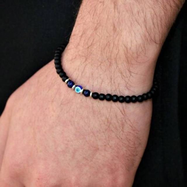 SHEIN 1pc Evil Eye Greek Turkish Black Obsidian Lapis Blue Stone Bead Stretch Elastic Men&#39;s Women Unisex Bracelet