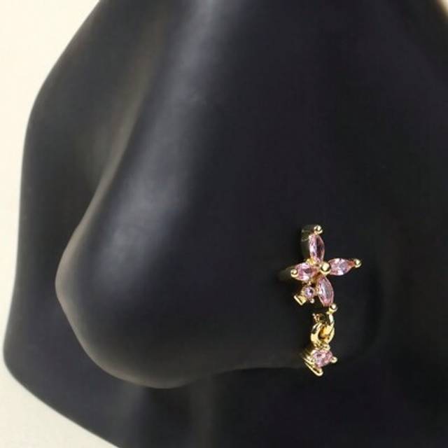SHEIN 1 Pc L-Shape Gold Color Crystal Rhinestone Flower Nose Stud With Piercing Jewelry Pendant
