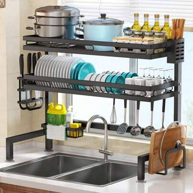 SHEIN Over The Sink Dish Drying Rack Organiser, Carbon Steel Dish Drainer With 8 Hooks, Detergent Rack & Knife/Cutting Board Holder, Kitchen Space Save