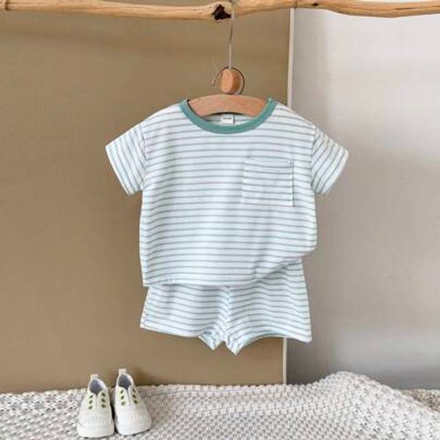 SHEIN 2pcs/Set Newborn Baby Boys/Girls Summer Striped Short Sleeve T-Shirt And Shorts