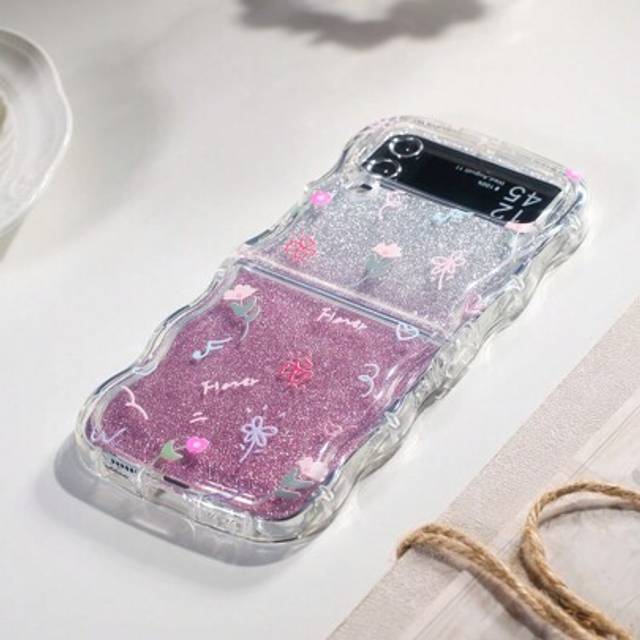 SHEIN 1pc Wavy Inflatable Shockproof Sparkly Floral Folding Phone Case Compatible With Samsung Galaxy Z Flip3 5G, Galaxy Z Flip4 5G, Galaxy Z Flip5 5G, Gala