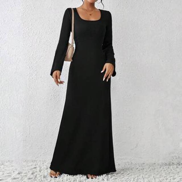 SHEIN Elegant,Waist In,Square Neck,Long-Sleeved,Relaxiva Solid Lace-Up Back Maxi Dress,Long Dress