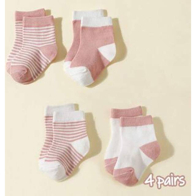 SHEIN 4 Pairs Baby Girls Minimalist Stripe Cotton Socks, Suitable For 0-6 Months Babies