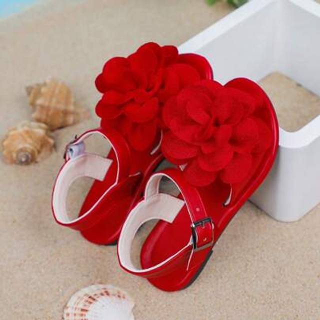 SHEIN 1 Pair Girls Solid Color Flat Sandals With Big Flower Design, Elastic Strap, Fashionable For Beach In Summer