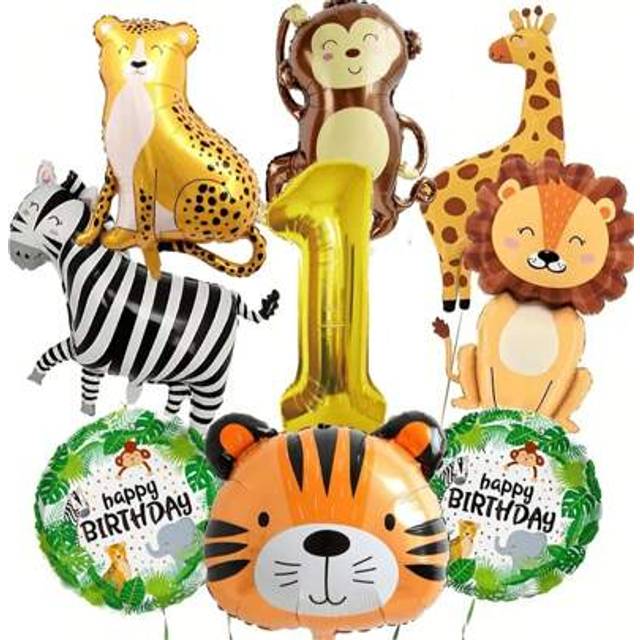 SHEIN 9pcs Lion, Monkey, Zebra, Jungle Animal Gold Number 0-9 Foil Balloons For Festival Theme Party, Birthday Party Balloon Decoration Foil Balloons