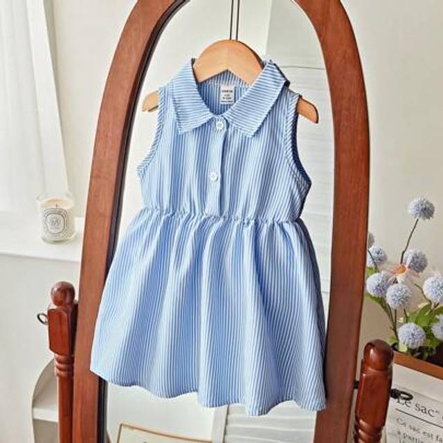 SHEIN Baby Girl Casual Versatile Blue & White Striped Front Button Down Waist Loose Comfortable Woven Shirt Dress, Spring/Summer New Arrival, Suitable For O